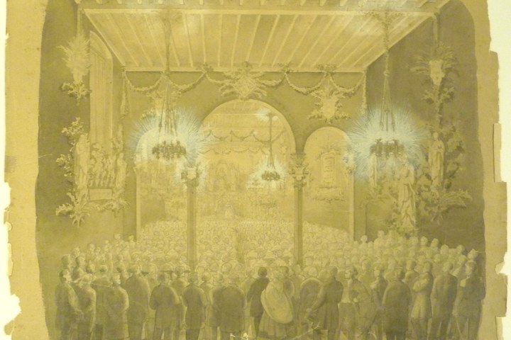 Tekening van het Vondelfeest in een zaal.