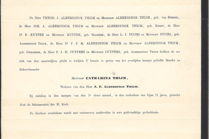 Mapje met persoonlijke herinneringen van de familie Alberdingk Thijm:
"Overlijdensbericht van Catherina Thijm".