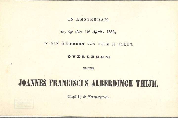 Mapje met persoonlijke herinneringen van de familie Alberdingk Thijm:
"Overlijdensbericht van de Heer Joannes Franciscus AlberdingkThijm".