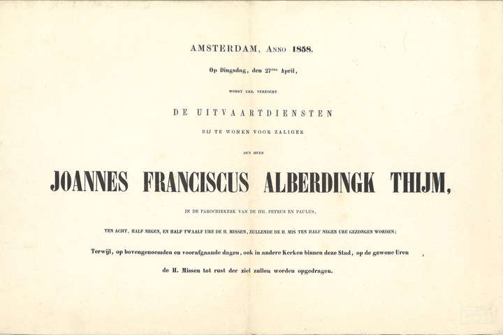 Mapje met persoonlijke herinneringen van de familie Alberdingk Thijm:
"Uitnodiging voor de begrafenis van de Heer Joannes Franciscus AlberdingkThijm".