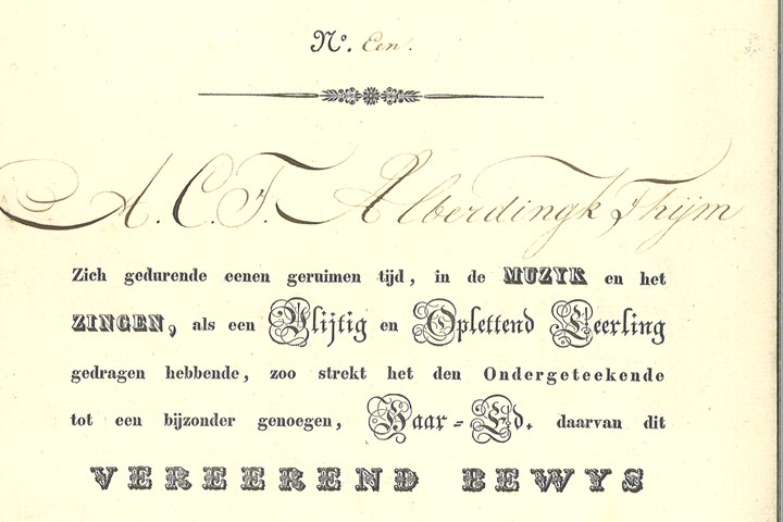 Mapje met persoonlijke herinneringen van de familie Alberdingk Thijm:
"Acht getuigschriften voor A.C.F. Alberdingk Thijm, afgegeven tussen 10 oktober 1838 en 17 oktober 1844 voor Muziek en Zingen".