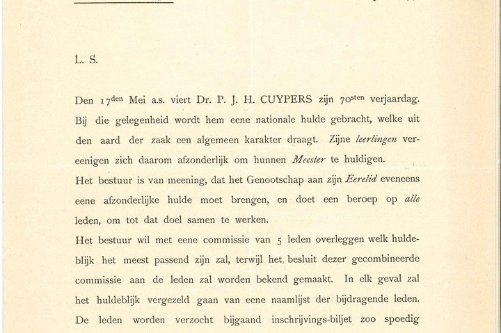 Brief inzake huldeblijk t.g.v. 70e verjaardag P.J.H. Cuypers