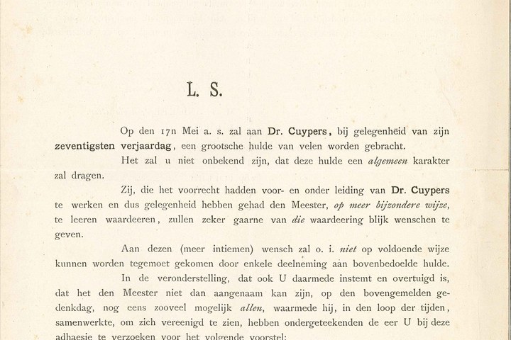 Brief t.g.v. huldeblijk 70e verjaardag P.J.H. Cuypers