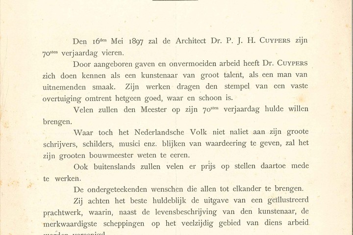 Brief inzake aanbieding oirkonde-album t.g.v. 70e verjaardag P.J.H. Cuypers.