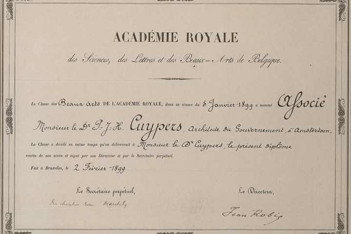 Diploma van de Académie Royale Belgique aan P.J.H. Cuypers