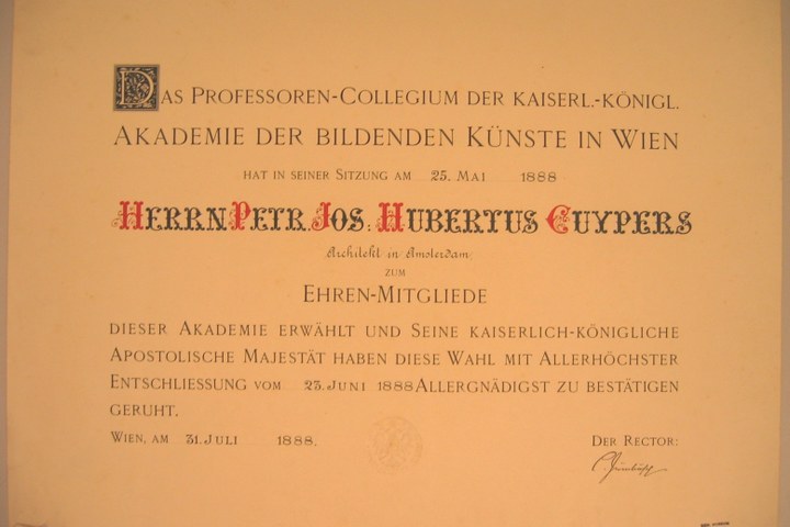 Erelidmaatschap van de Akademie der Bildende Künste in Wien aan P.J.H. Cuypers