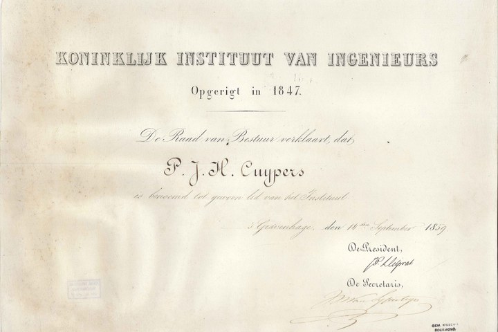 Lidmaatschap van het Koninklijk Instituut van Ingenieurs aan P.J.H. Cuypers