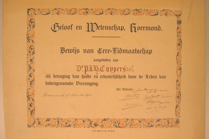 Ere-lidmaatschap Vereeniging Geloof en Wetenschap Roermond aan P.J.H. Cuypers