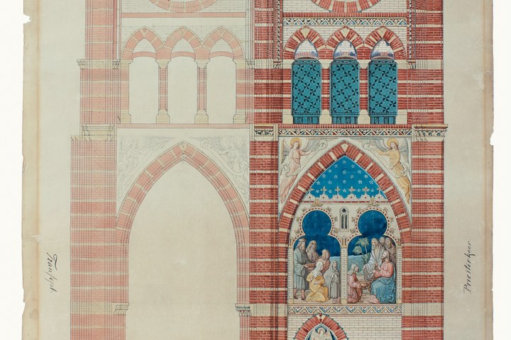 Ingekleurde ontwerptekening voor de St. Martinuskerk te Sneek (1869-1871)