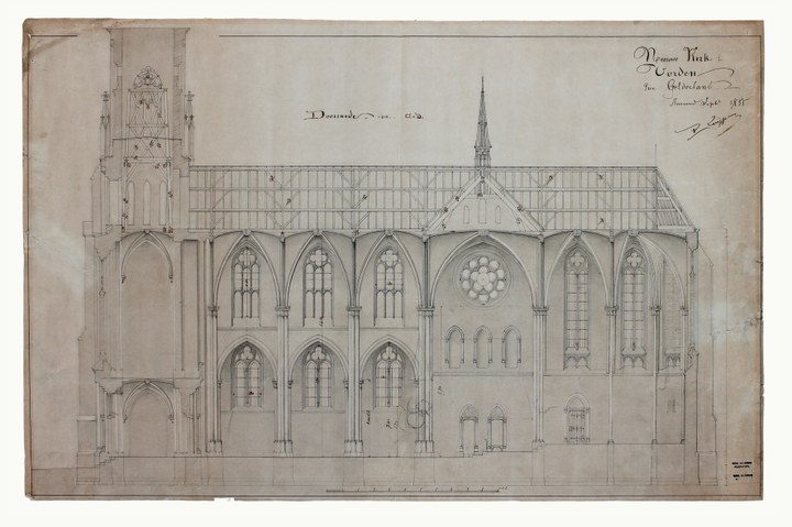 Ontwerptekening R.K. Kerk te Vorden (langsdoorsnede)