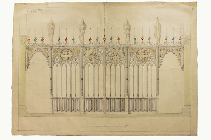 Ingekleurde ontwerptekening koorhek van de St.Barbarakerk te Breda