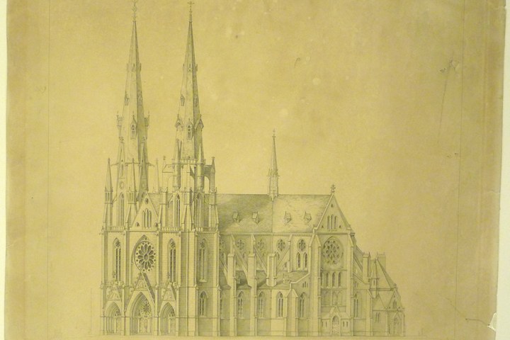 Reproduktie van een ontwerptekening van de St. Catharinakerk te Eindhoven