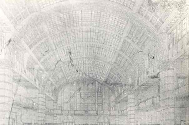 Perspectieftekening grote Beurszaal van het Beursgebouw van de Effectenhandel Amsterdam