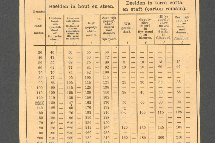 Reproductie prijslijst van de Cuypers Kunstwerkplaatsen