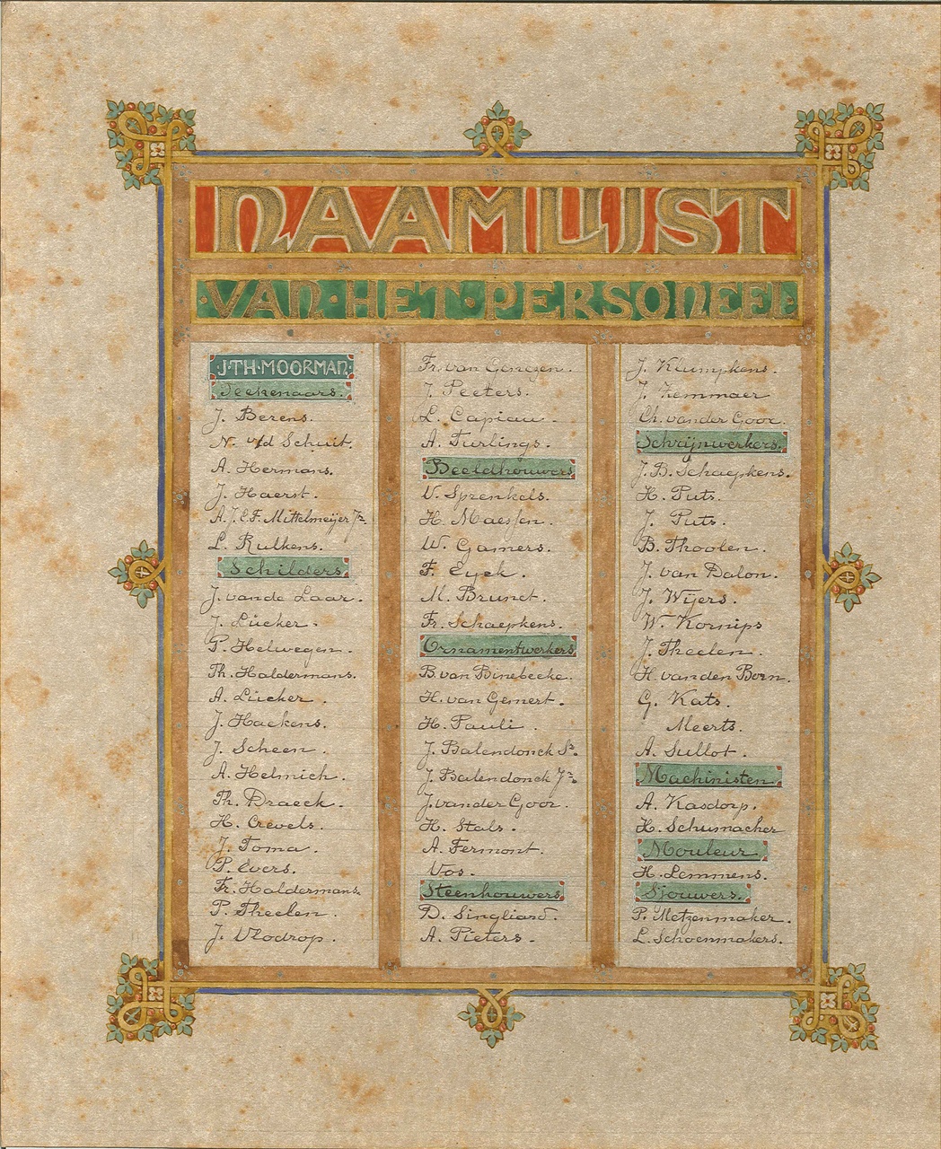 Personeelsoverzicht Cuypers' werkplaatsen 1908