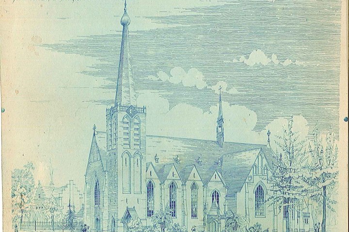 Reproductie van tekening parochiekerk St. Joannes Onthoofding Zoeterwoude. Jozef Cuypers en Jan Stuyt architecten.