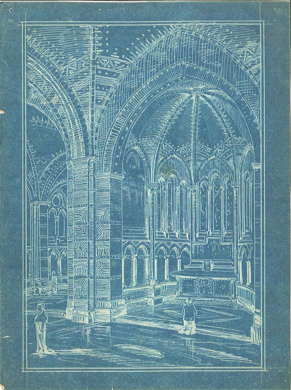 Blauwdruk van de ontwerptekening van een interieur van de St. Bavo te Haarlem.