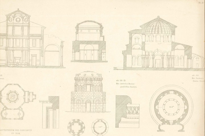 Enkele overdrukken van tekeningen van klassieke gebouwen in Italië en met name in Rome.