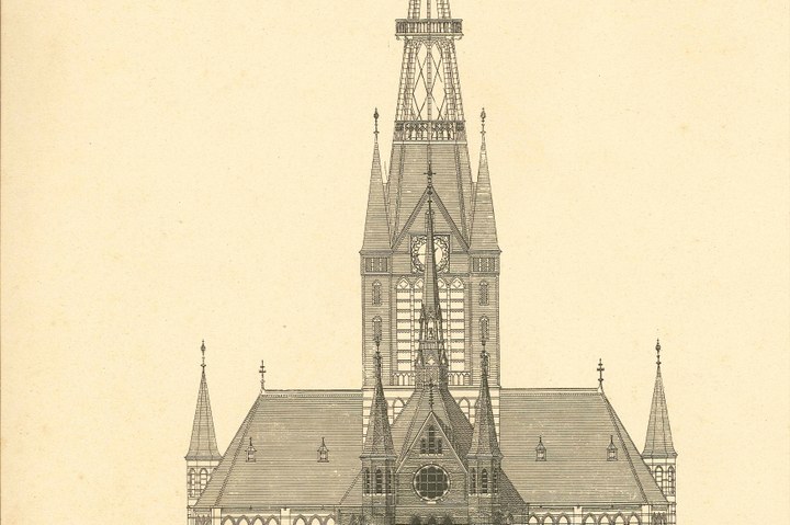 Een overdruk van een ontwerptekening van Dr. P.J.H. Cuypers van de Parochiekerk van de H. Maria Magdalena te Amsterdam.