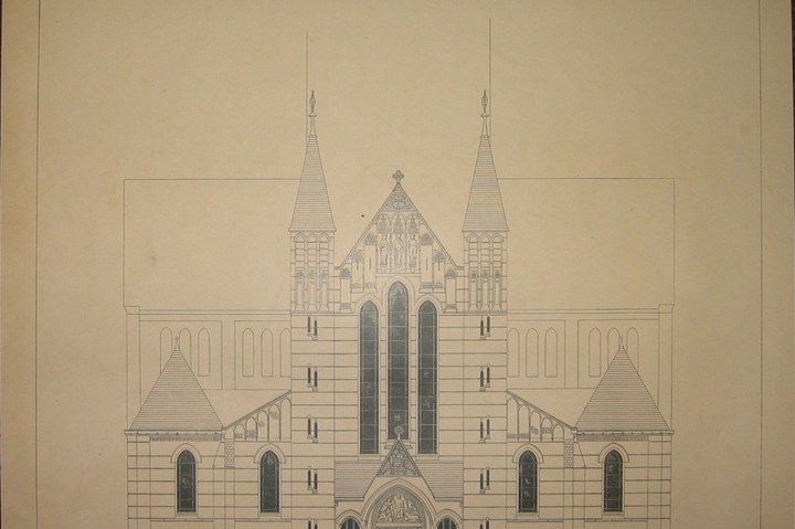 Enkele overdrukken van bestektekeningen van Joseph Th. J. Cuypers en Jan Stuyt van de R.K. Kerk van de H. Laurentius te Ginneken, Bisdom Breda.