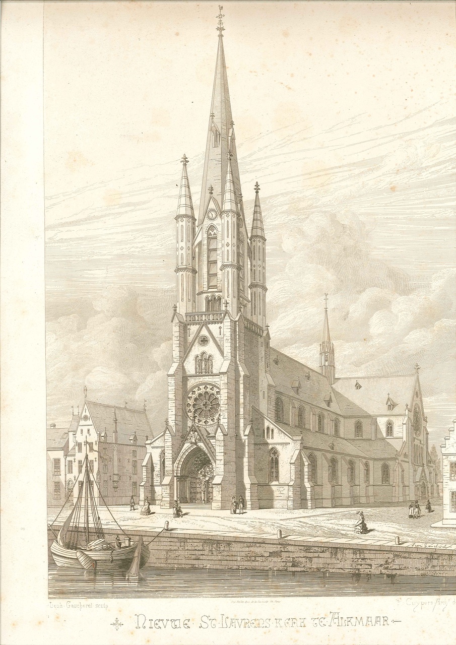 Een overdruk van een tekening van de Nieuwe St. Laurenskerk te Alkmaar.