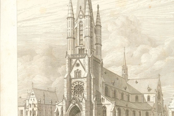 Een overdruk van een tekening van de Nieuwe St. Laurenskerk te Alkmaar.