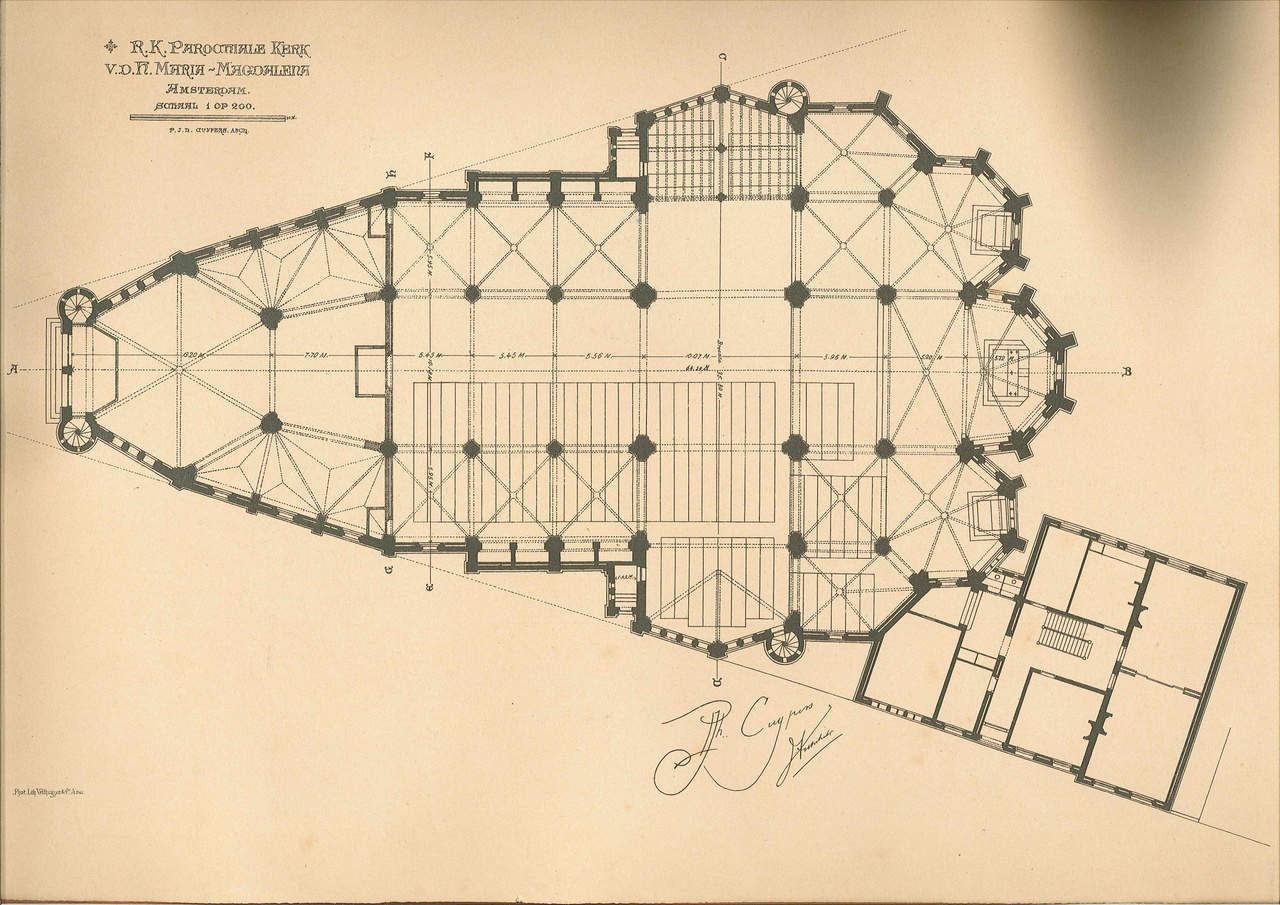 Een overdruk van een ontwerptekening voor het grondplan van de Maria Magdalenakerk te Amsterdam door P.J.H. Cuypers