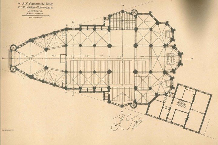 Een overdruk van een ontwerptekening voor het grondplan van de Maria Magdalenakerk te Amsterdam door P.J.H. Cuypers