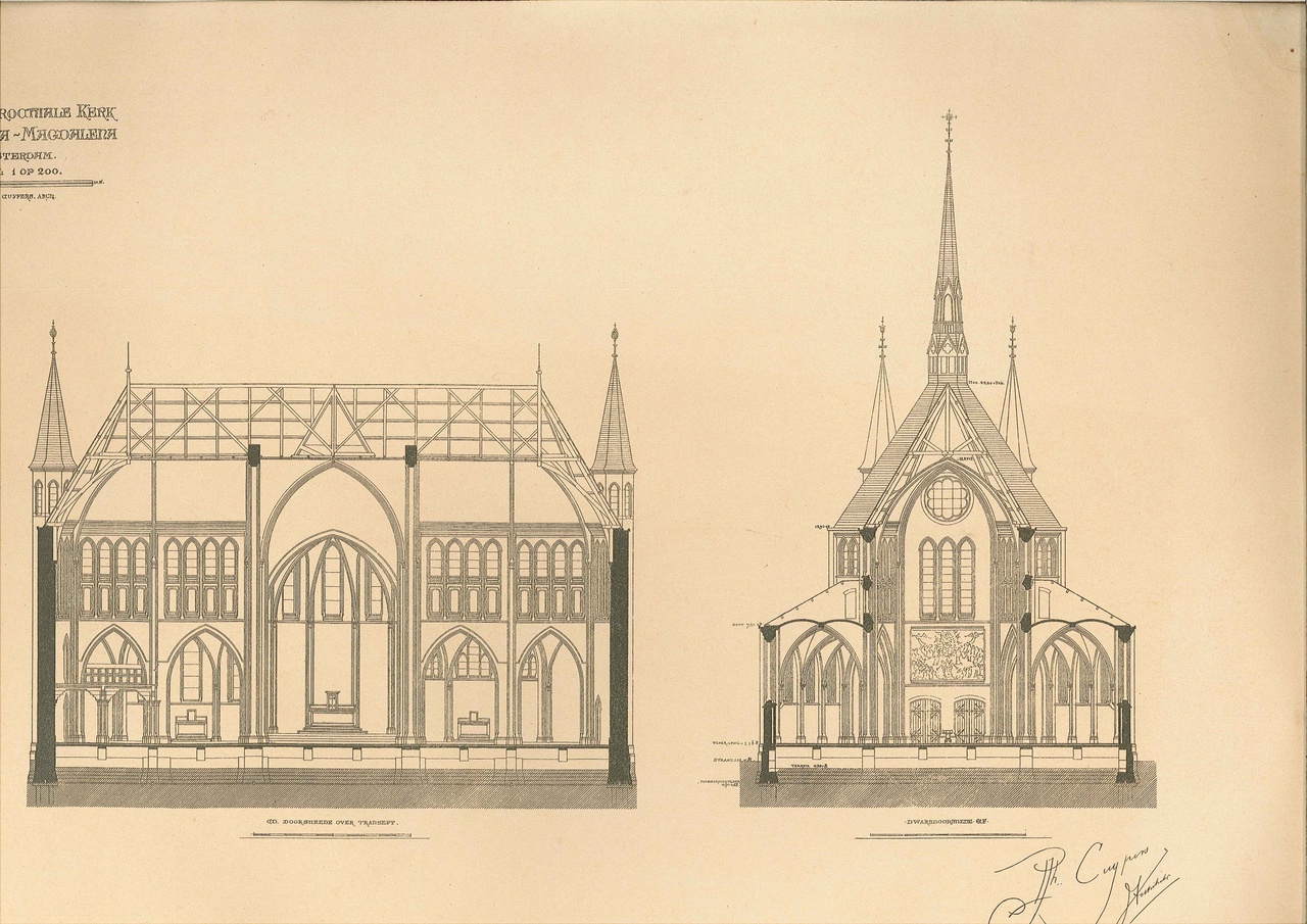 Een overdruk van een ontwerptekening van de doorsnede van het transept en van een dwarsdoorsnede van de Maria Magdalenakerk te Amsterdam door P.J.H. Cuypers