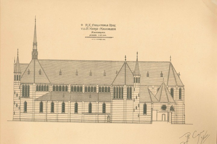 Een overdruk van een ontwerptekening voor de Maria Magdalenakerk te Amsterdam door P.J.H. Cuypers