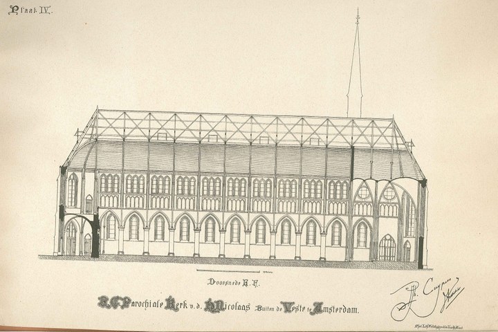 Een overdruk van een ontwerptekening van de doorsnede E.F. van de kerk H. Nicolaas buiten de Veste te Amsterdam door P.J.H. Cuypers