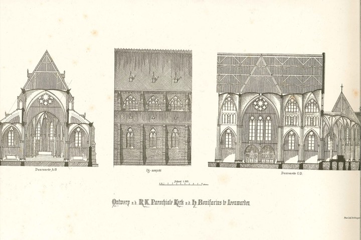 Een overdruk van een ontwerptekening van de kerk van de H. Bonifatius te Leeuwarden door P.J.H. Cuypers