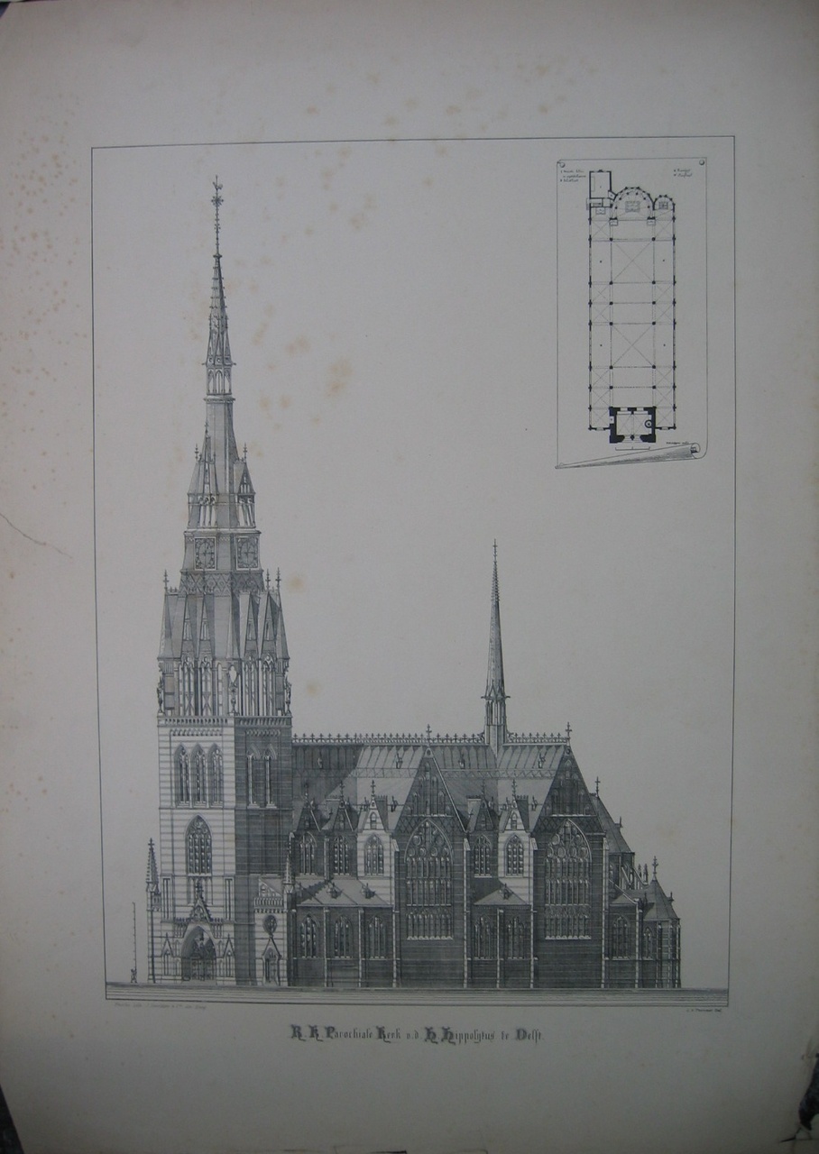 Een overdruk van een ontwerp voor de St. Hippolytuskerk te Delft