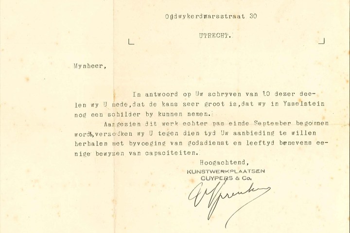 Aanstellings- en ontslagbrieven en getuigschriften van Dhr. J. Heymeriks (1901-1981), medewerker van Cuypers' Kunstwerkplaatsen tussen 1926 en 1932.