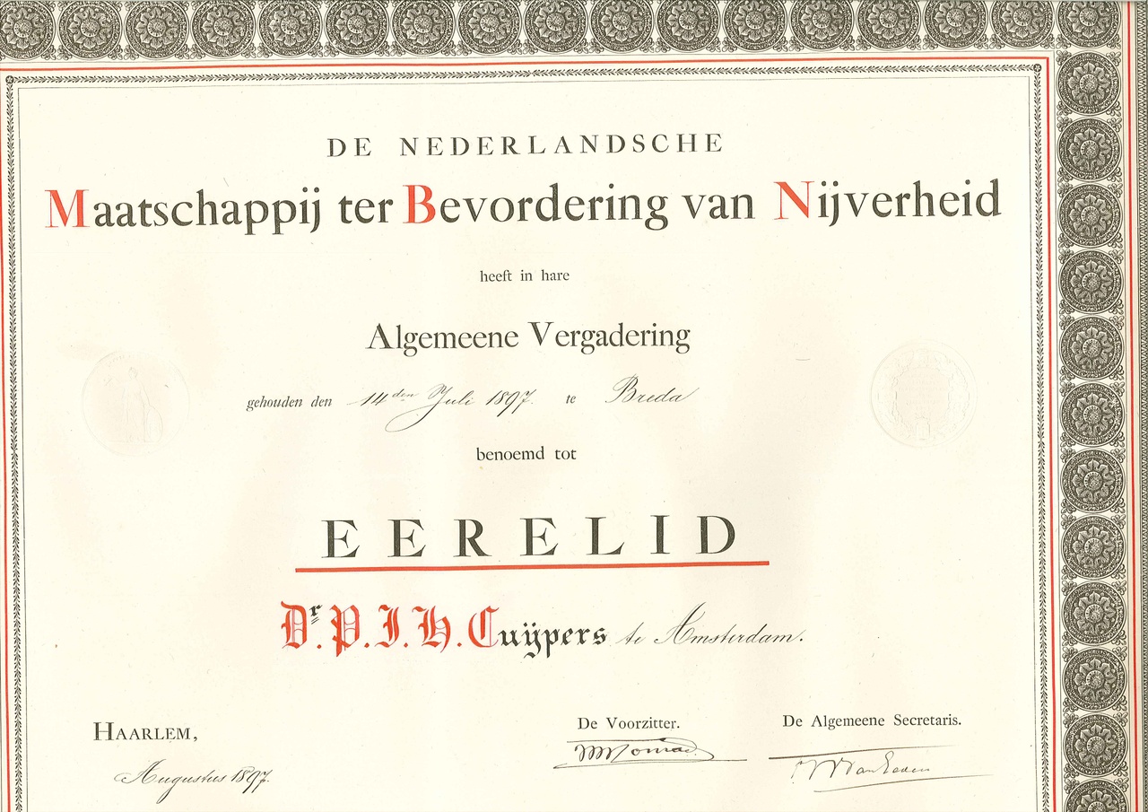 Oorkonde ter gelegenheid van de uitreiking van het erelidmaatschap van de Nederlandsche Maatschappij ter Bevordering van Nijverheid aan dr. P.J.H. Cuypers.