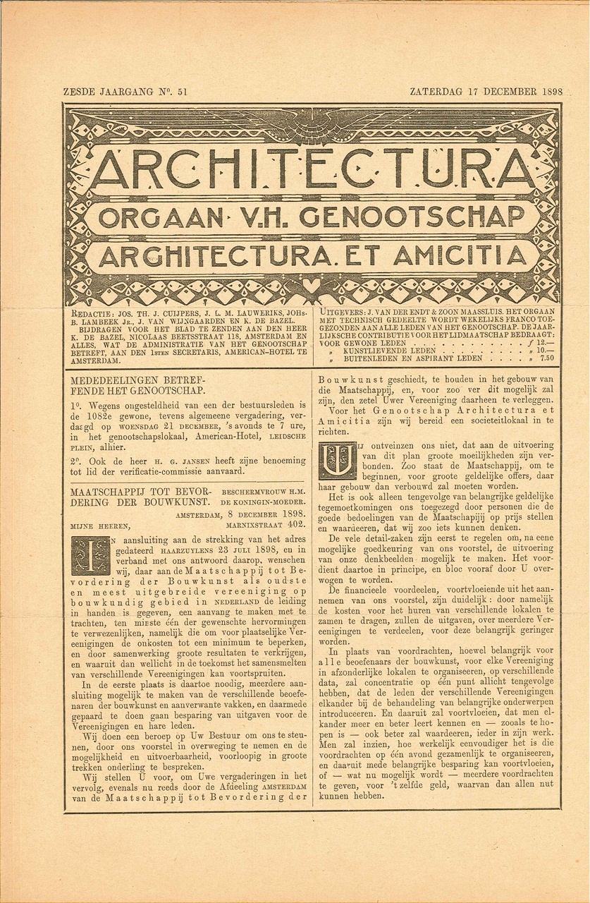 Verzamelmap met exemplaren van het tijdschrift ARCHITECTURA uit het vierde kwartaal van 1898.