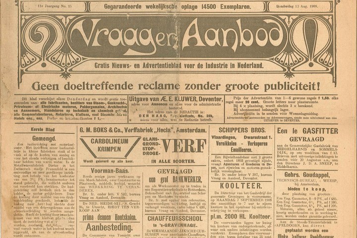 Advertentieblad Vraag en Aanbod van 13 augustus 1908