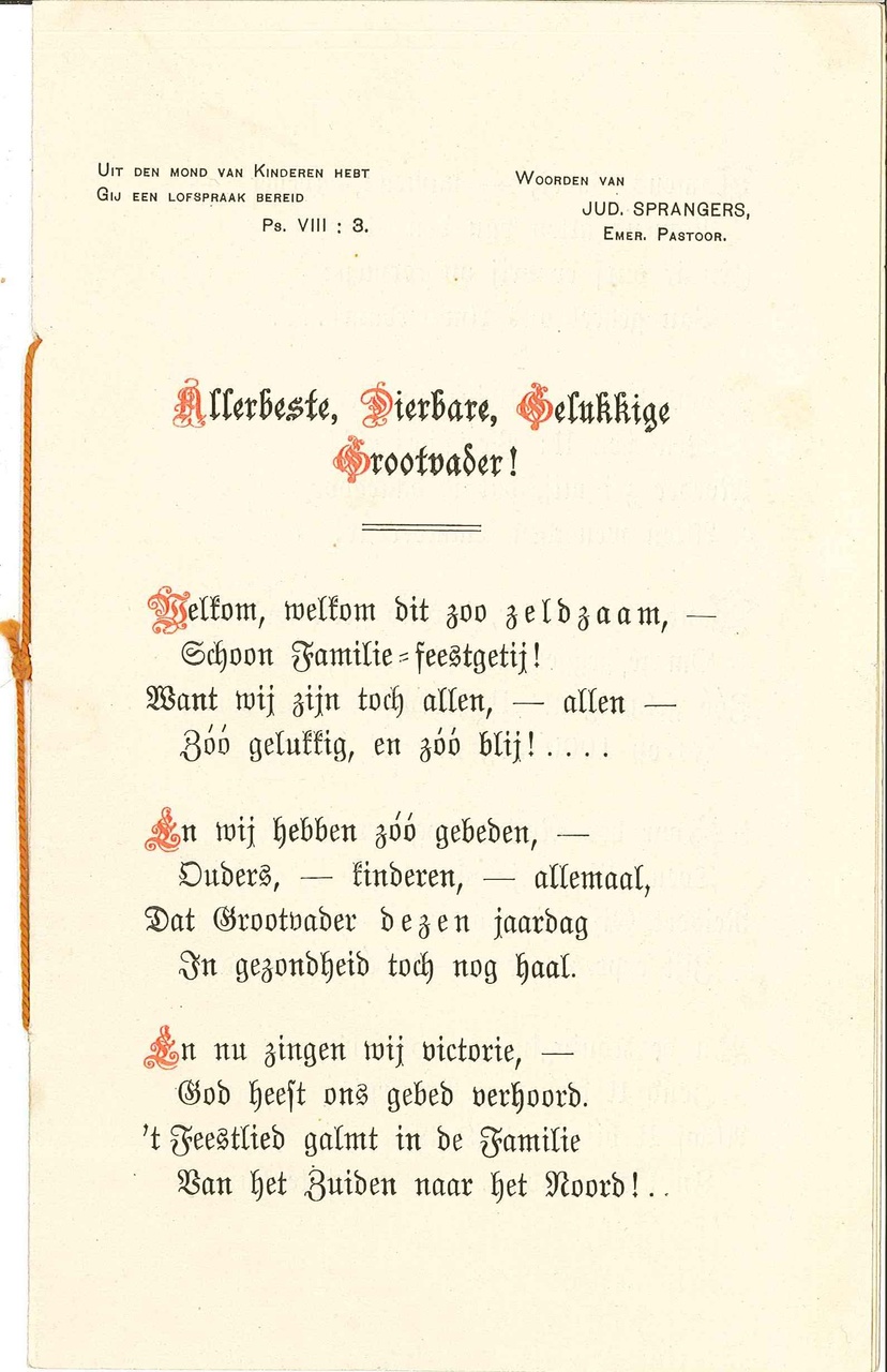 Felicitatiewens van de achterkleinkinderen Alberdingk Thijm t.g.v. de 90-ste verjaardag van hun overgrootvader Dr. Pierre Cuypers.