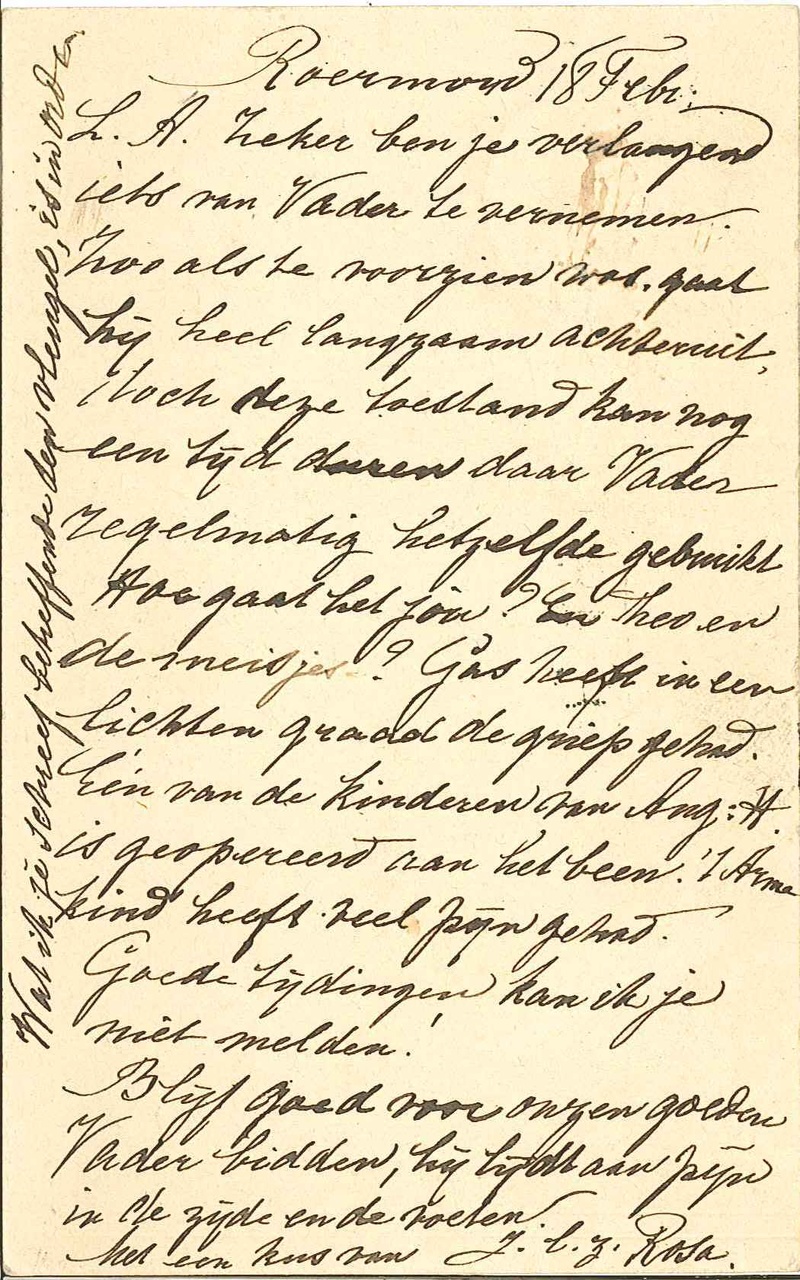 Briefkaart van Rosa Cuypers aan haar zus Annie over de gezondheidstoestand  van Dr. P. Cuypers, gedateerd 18  februari (1921) .