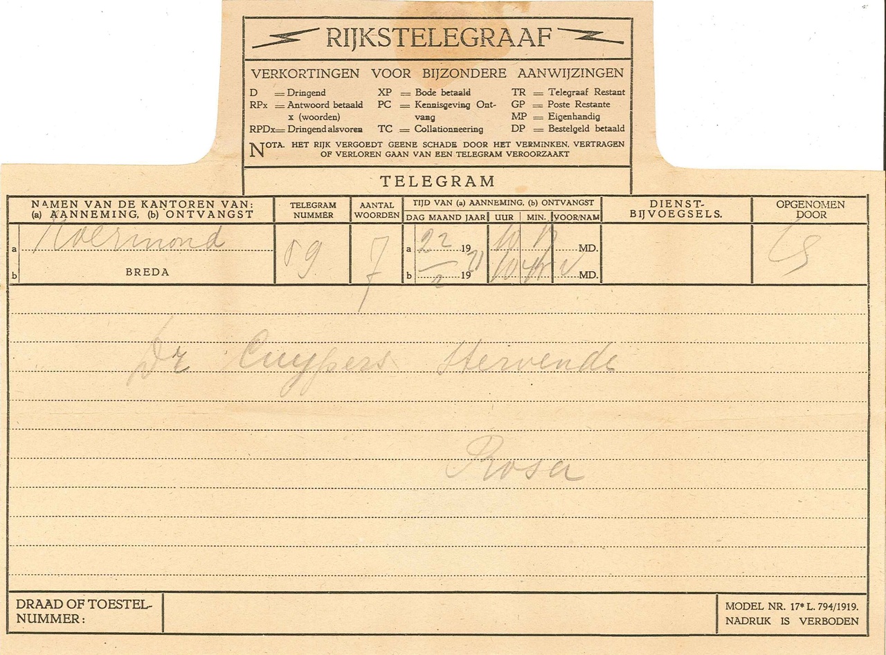 Telegram van Rosa Cuypers aan haar zus Annie over de gezondheidstoestand  van Dr. P. Cuypers, gedateerd 22  februari 1921 .