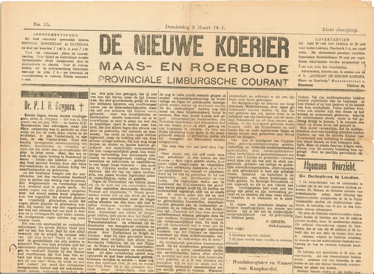 Dagblad De Nieuwe Koerier/Maas- en Roerbode van donderdag 3 maart 1921 met daarin het bericht van het overlijden van Dr. P.J.H. Cuypers en een beschouwing over diens leven en werk.