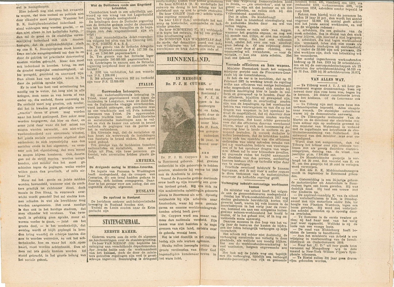 Dagblad van NOORDBRABANT van donderdag 3 maart 1921 met daarin het bericht van het overlijden van Dr. P.J.H. Cuypers.