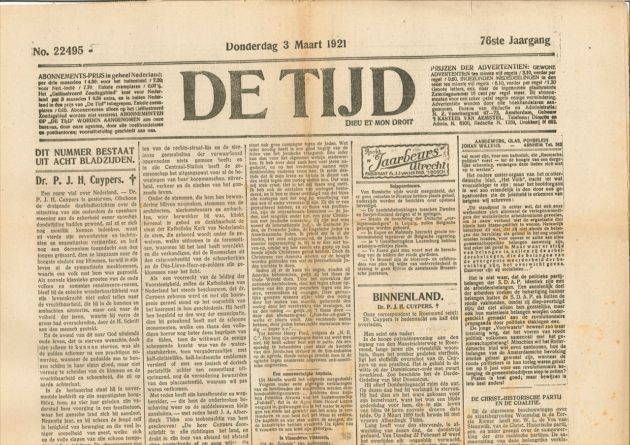 Dagblad De TIJD van donderdag 3 maart 1921 met daarin het bericht van het overlijden van Dr. P.J.H. Cuypers en een beschouwing over diens leven en werk.