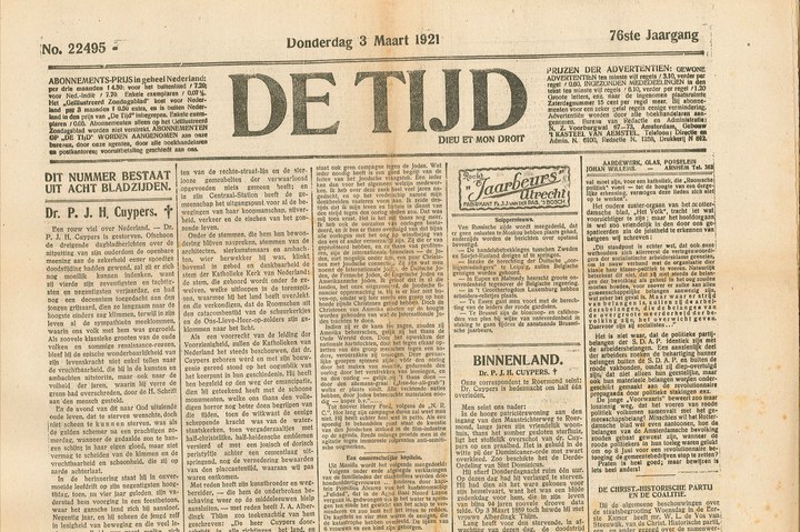 Dagblad De TIJD van donderdag 3 maart 1921 met daarin het bericht van het overlijden van Dr. P.J.H. Cuypers en een beschouwing over diens leven en werk.