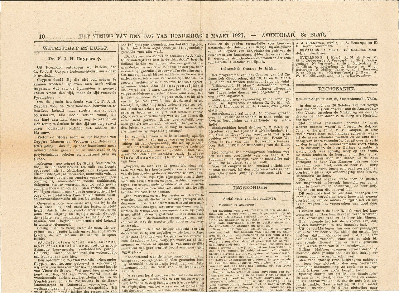 Dagblad Het NIEUWS van de DAG van donderdag 3 maart 1921 met daarin het bericht van het overlijden van Dr. P.J.H. Cuypers en een beschouwing over diens leven en werk.