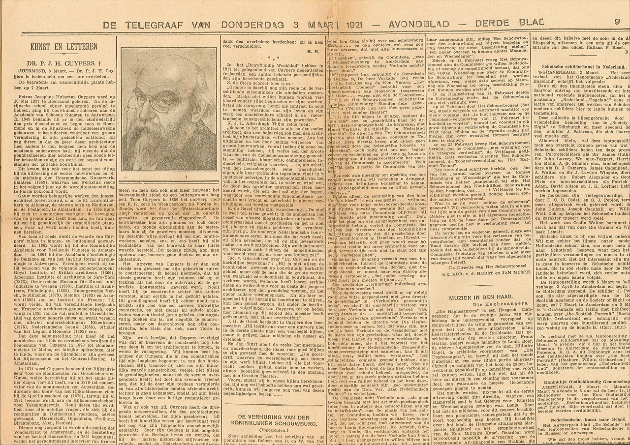 Dagblad De TELEGRAAF van donderdag 3 maart 1921 met daarin het bericht van het overlijden van Dr. P.J.H. Cuypers en een beschouwing over diens leven en werk, vergezeld door een pentekening met de afbeelding van Dr. Cuypers.