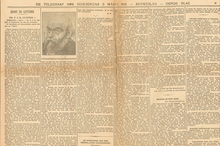 Dagblad De TELEGRAAF van donderdag 3 maart 1921 met daarin het bericht van het overlijden van Dr. P.J.H. Cuypers en een beschouwing over diens leven en werk, vergezeld door een pentekening met de afbeelding van Dr. Cuypers.