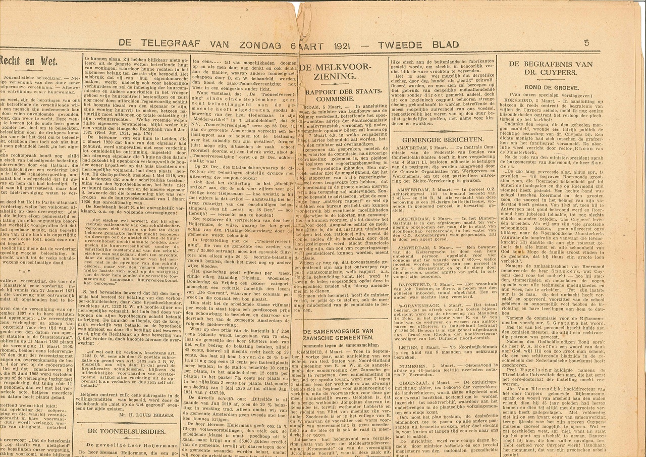 Dagblad De TELEGRAAF van zondag 6 maart 1921 met daarin een beschouwing over de begrafenis van Dr. Cuypers.