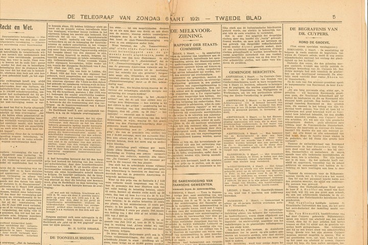 Dagblad De TELEGRAAF van zondag 6 maart 1921 met daarin een beschouwing over de begrafenis van Dr. Cuypers.