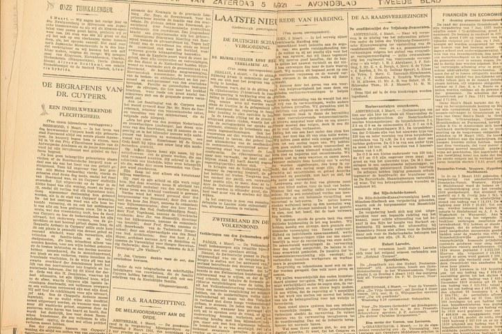 Dagblad De TELEGRAAF van zaterdag 5 maart 1921 met daarin een verslag van de begrafenis van Dr. Cuypers.